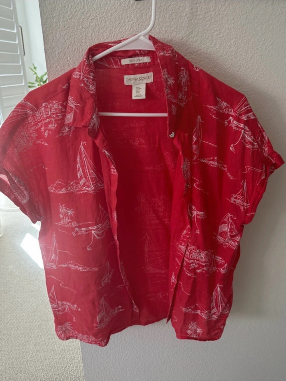 Cynthia Rowley Red Sailboat Print Short Sleeve Button-Down